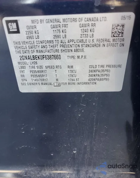 2015 Chevrolet Equinox Lt from USA, damaged, VIN 2GNALBEK0F6387660